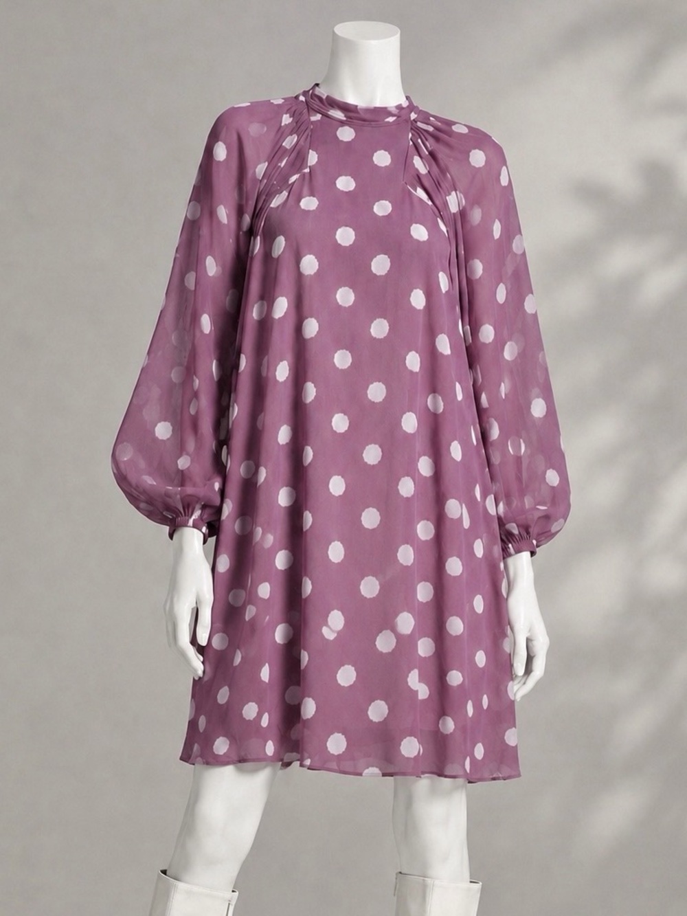 Anthropologie Maeve Polka Dot Dress 1X Mauve Sheer Balloon Sleeve Mod Shift